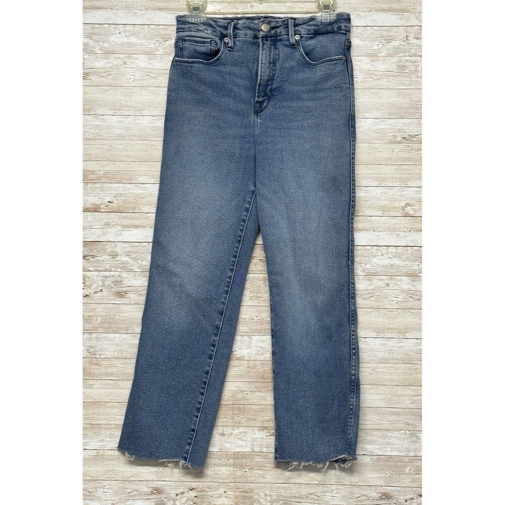 Good American Straight Jeans Style GCSNF602T Blue 858 Womens 8 Raw Hem Distress